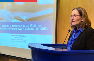 Directora Valentina Durán exponiendo en la Cámara Oficial Española de Comercio en Chile.