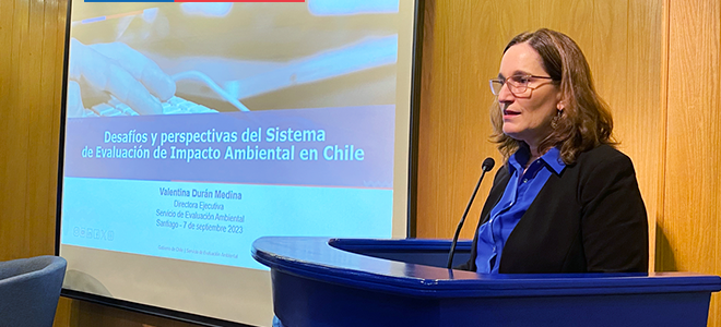 Directora Valentina Durán exponiendo en la Cámara Oficial Española de Comercio en Chile.